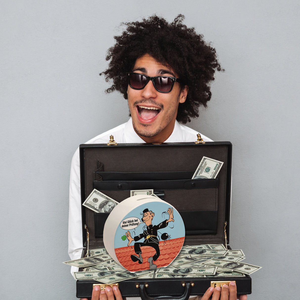 Kaminfeger Spardose mit Spruch: Viel Glück bei deiner Prüfung