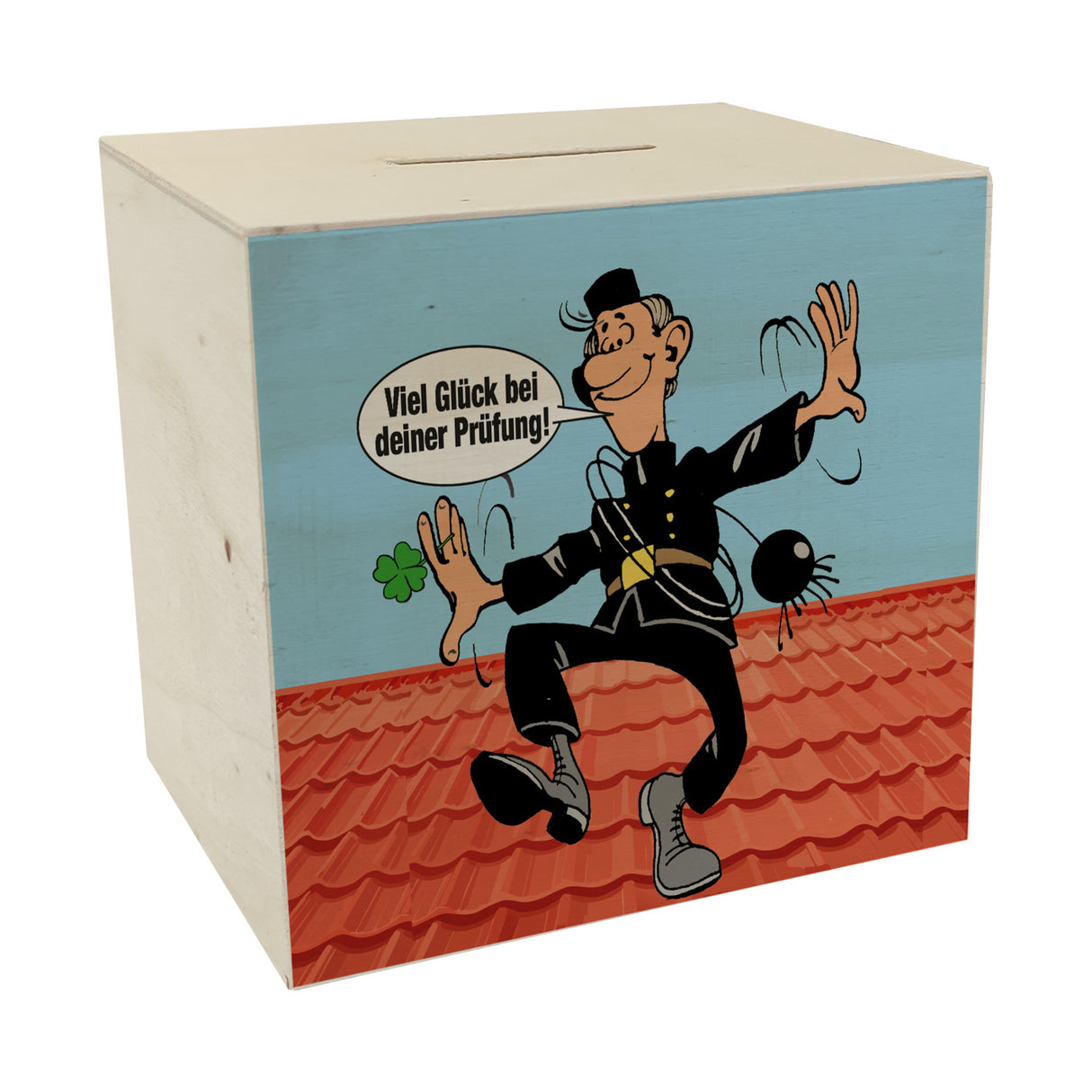 Kaminfeger Spardose mit Spruch: Viel Glück bei deiner Prüfung