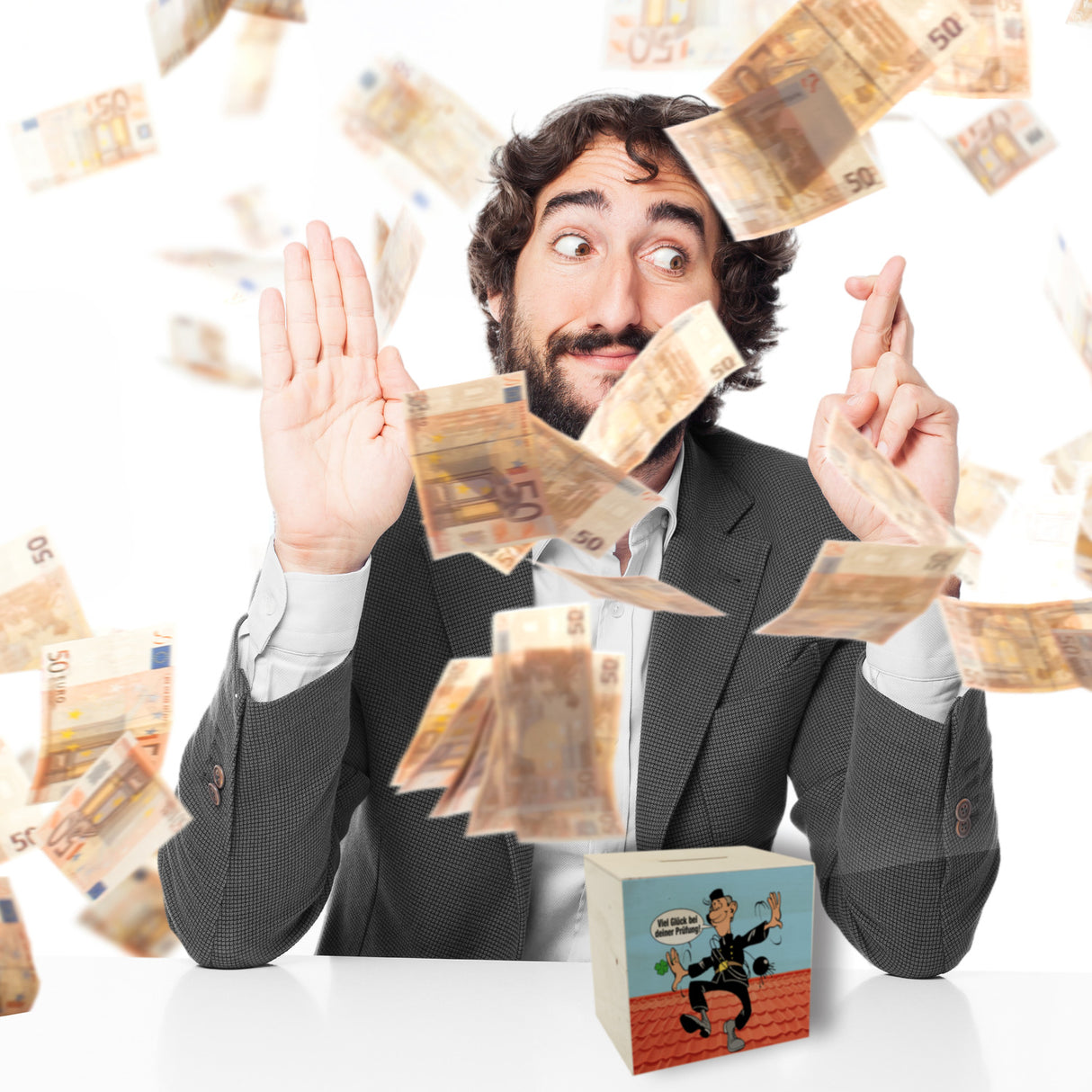 Kaminfeger Spardose mit Spruch: Viel Glück bei deiner Prüfung