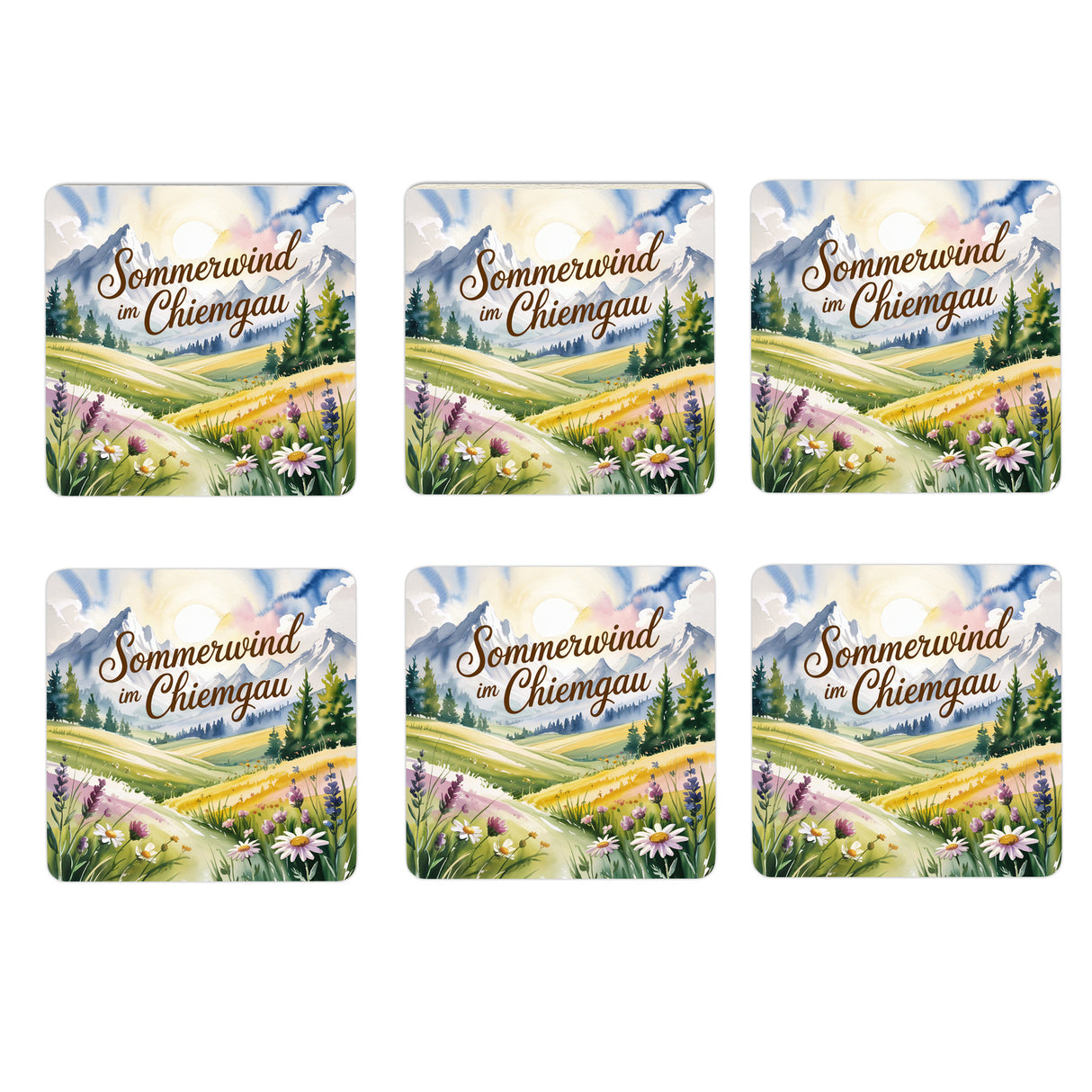 Chiemgau Blumenwiese 6er Set Untersetzer aus Holz - Sommerwind