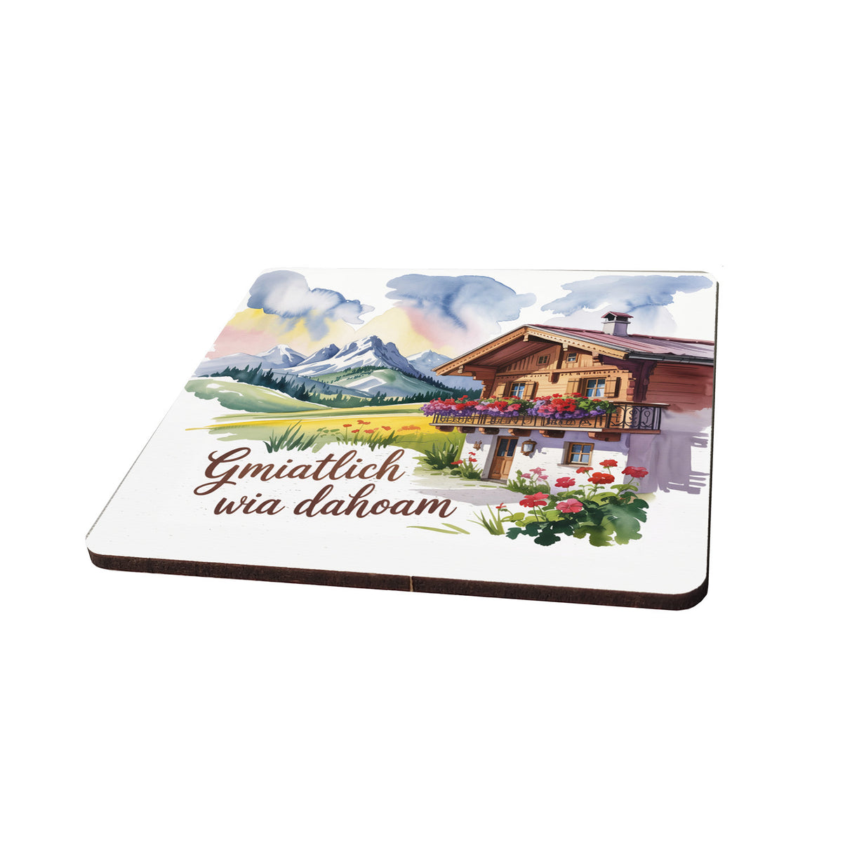 Chiemgau Alpenhaus 6er Set Untersetzer aus Holz - Gmiatlich wia dahoam