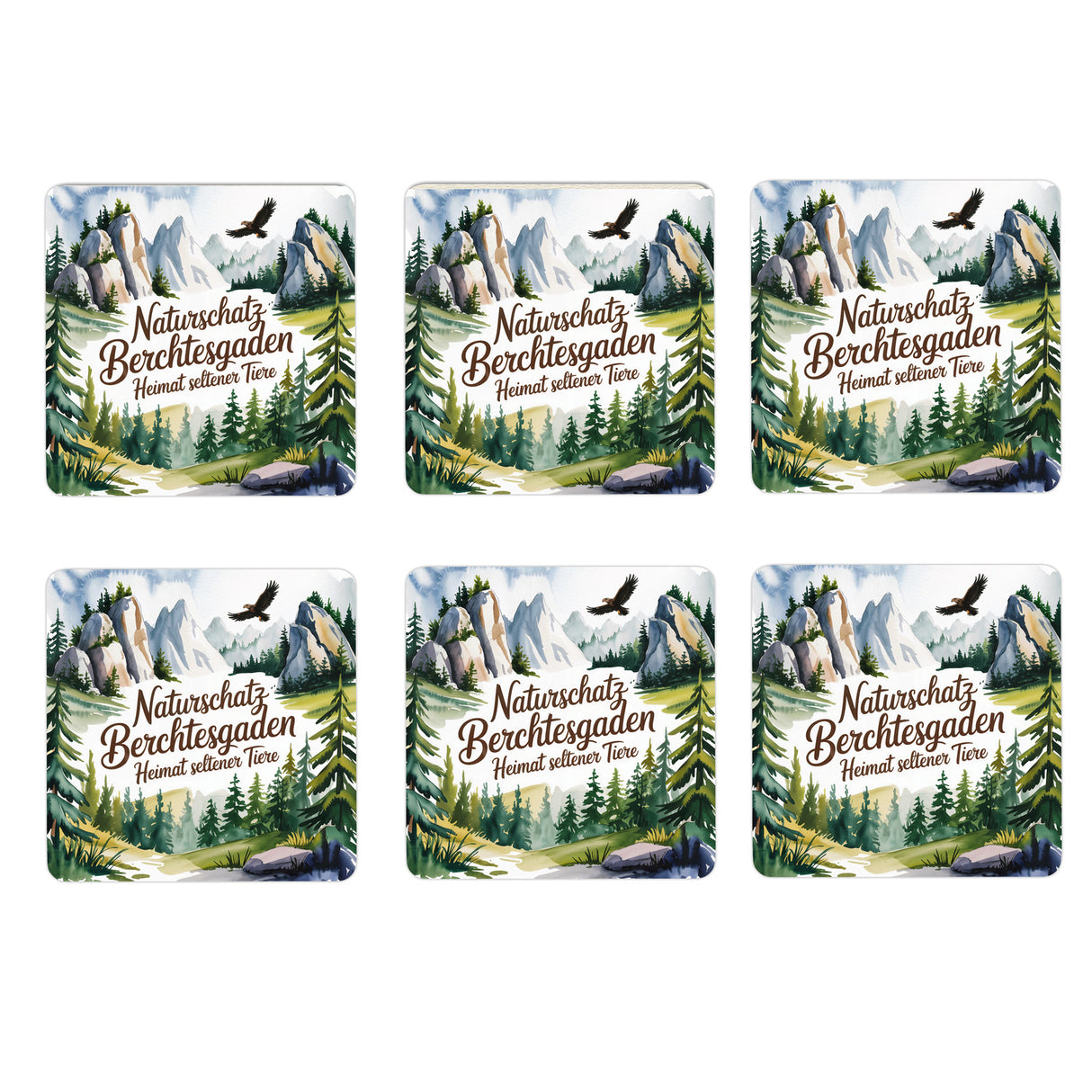 Oberbayern Berchtesgaden 6er Set Untersetzer aus Holz - Heimat seltener Tiere