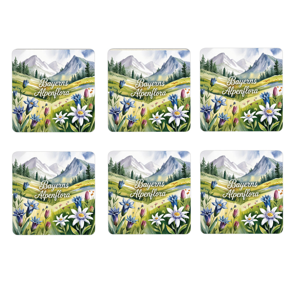 Oberbayern Blumenwiese 6er Set Untersetzer aus Holz - Bayerns Alpenflora