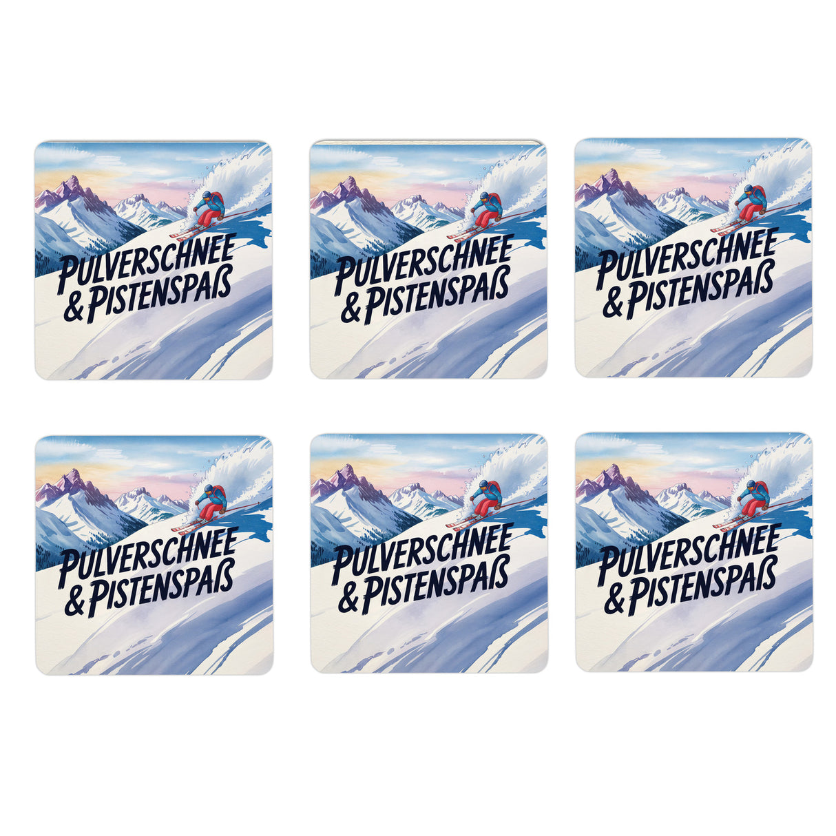 Oberbayern Skifahrer 6er Set Untersetzer aus Holz - Pulverschnee & Pistenspaß