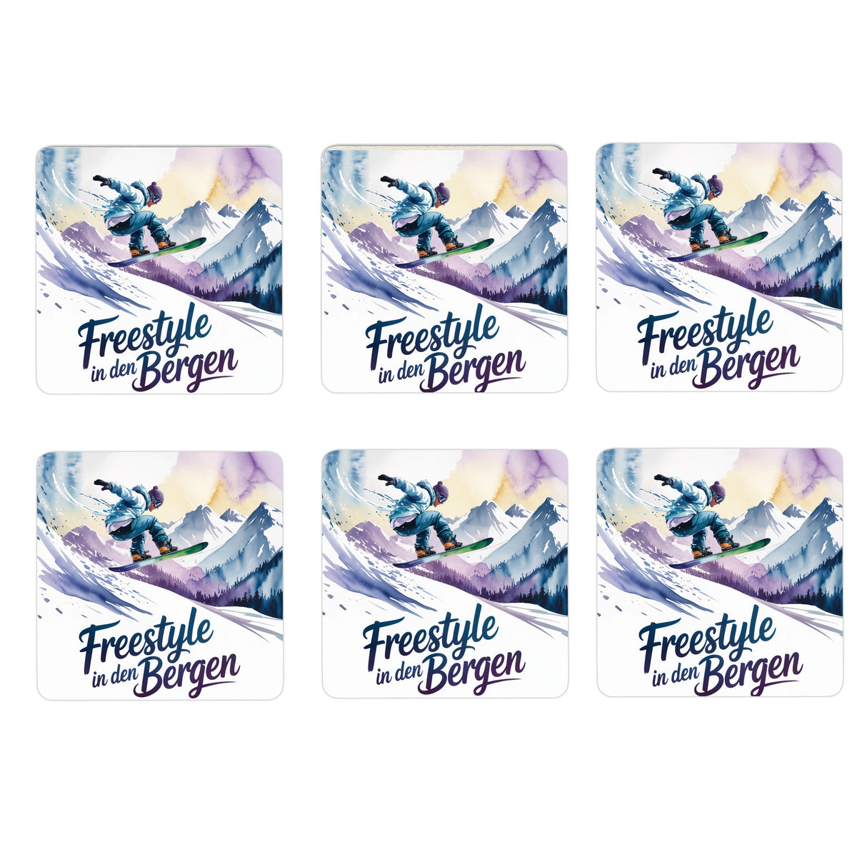Oberbayern Snowboarder 6er Set Untersetzer aus Holz - Freestyle in den Bergen