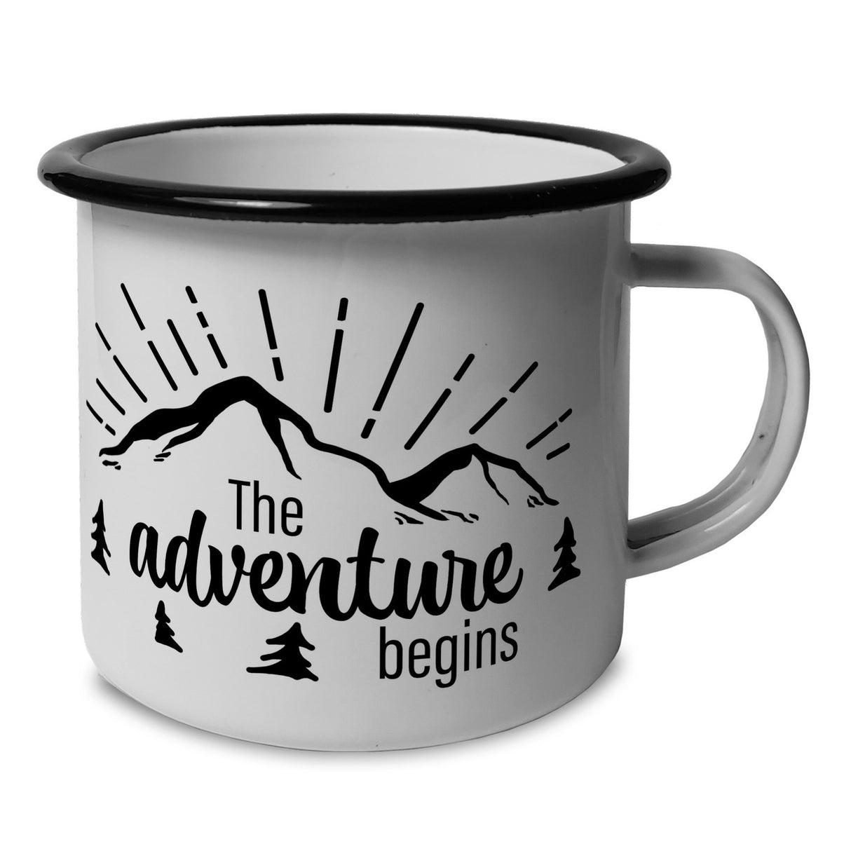Berg mit Sonnenstrahlen The adventure begins Emaille Tasse