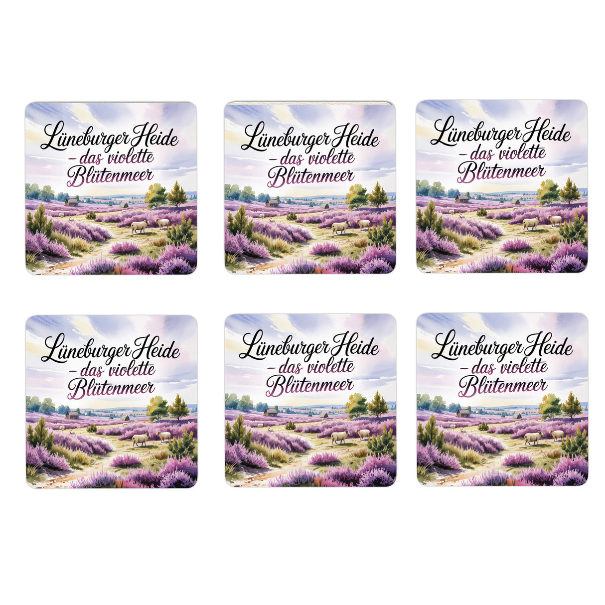 Lüneburger Heide 6er Set Untersetzer aus Holz - Das violette Blütenmeer
