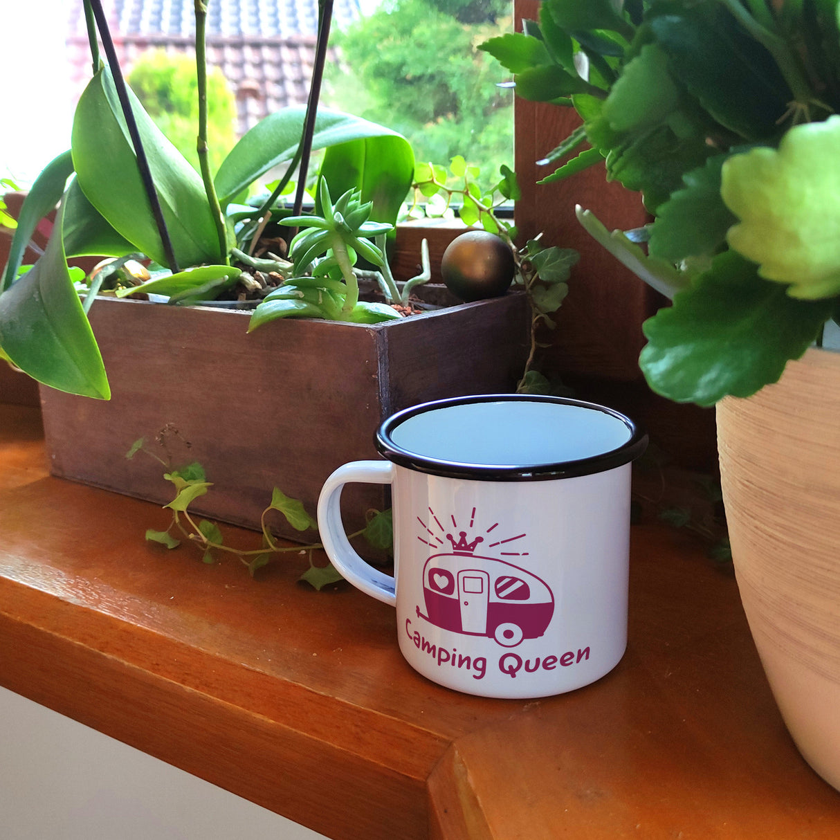 Rosa Wohnwagen Camping Queen Emaille Tasse für Camper