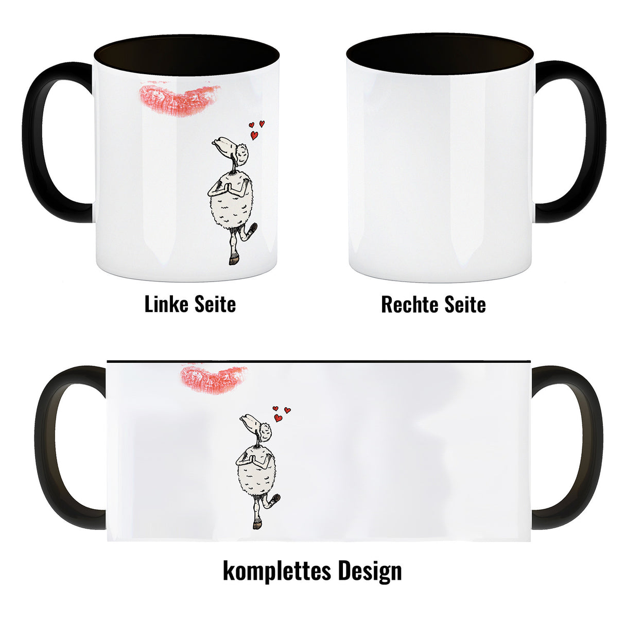 Kaffeebecher mit Putz-Schaf und Lippenstift Motiv