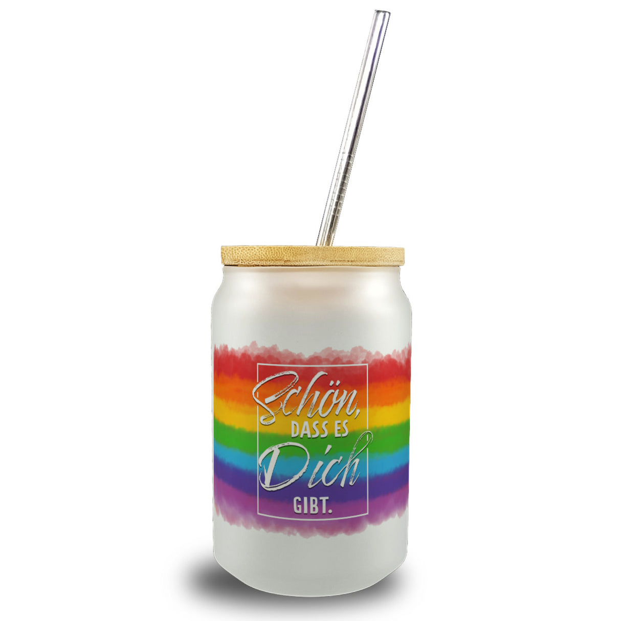Schön, dass es Dich gibt Trinkglas mit Bambusdeckel mit Regenbogen