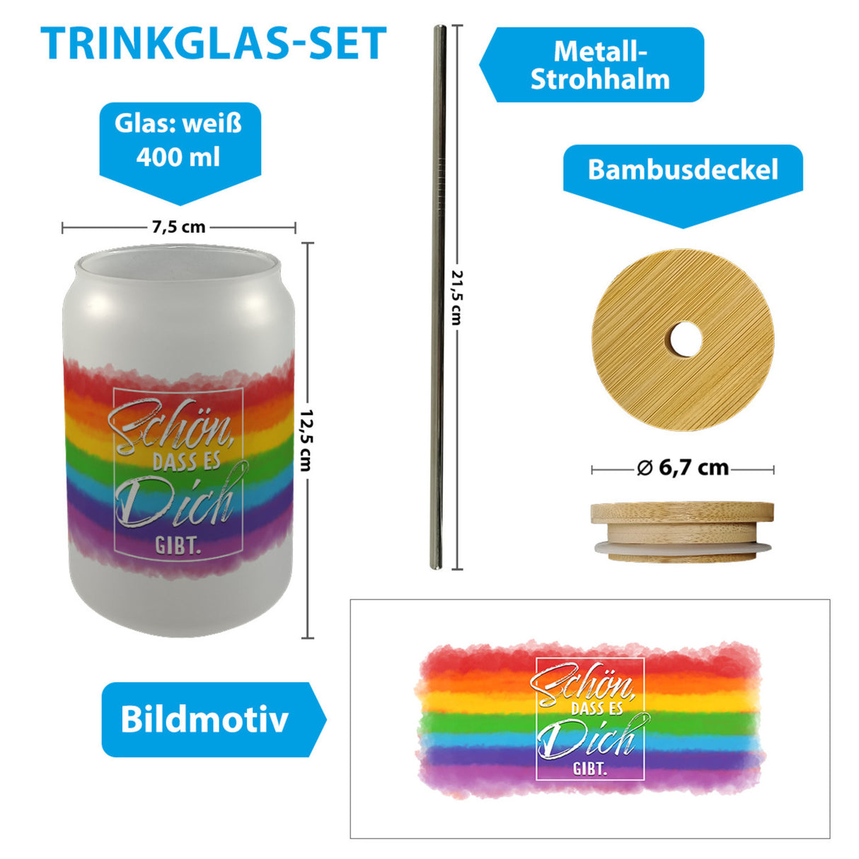 Schön, dass es Dich gibt Trinkglas mit Bambusdeckel mit Regenbogen