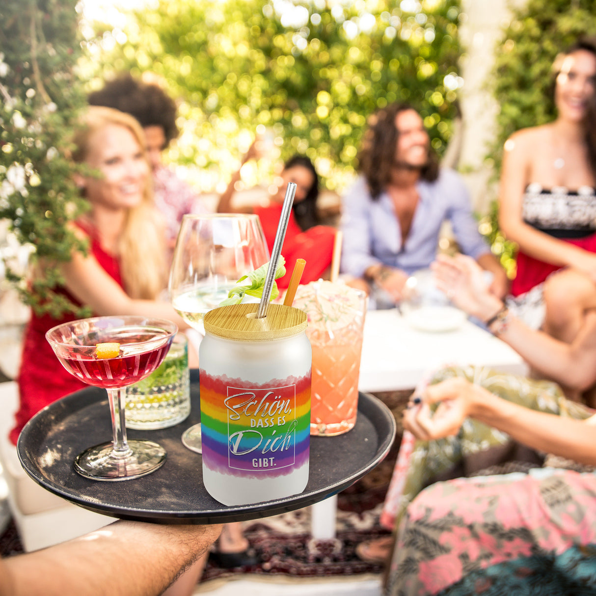 Schön, dass es Dich gibt Trinkglas mit Bambusdeckel mit Regenbogen