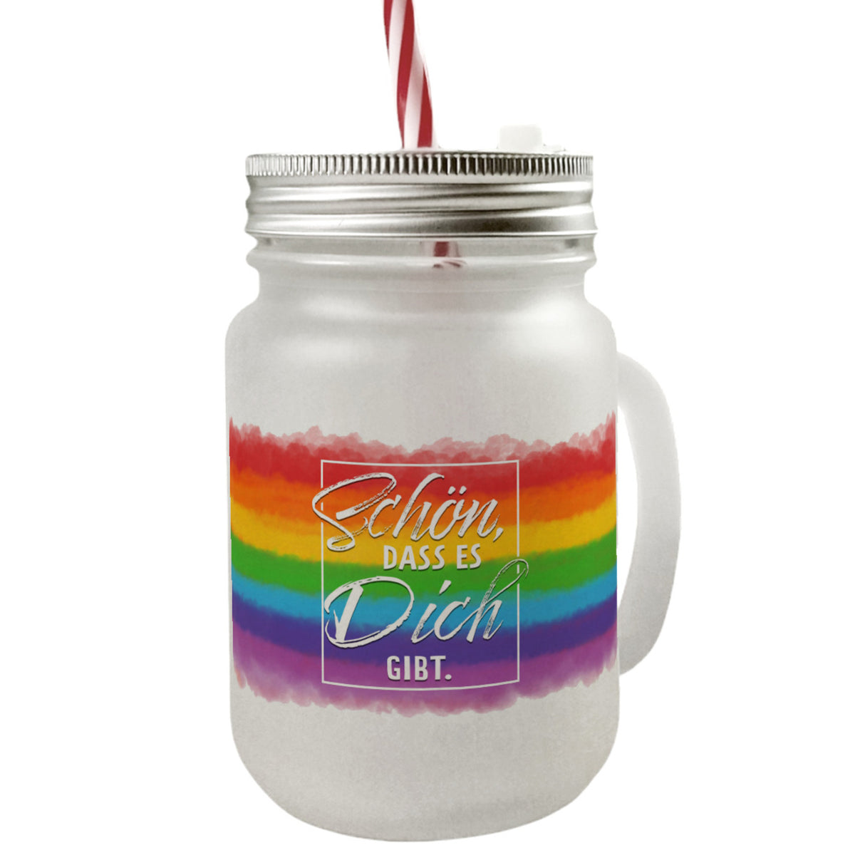 Schön, dass es Dich gibt Trinkglas mit Bambusdeckel mit Regenbogen