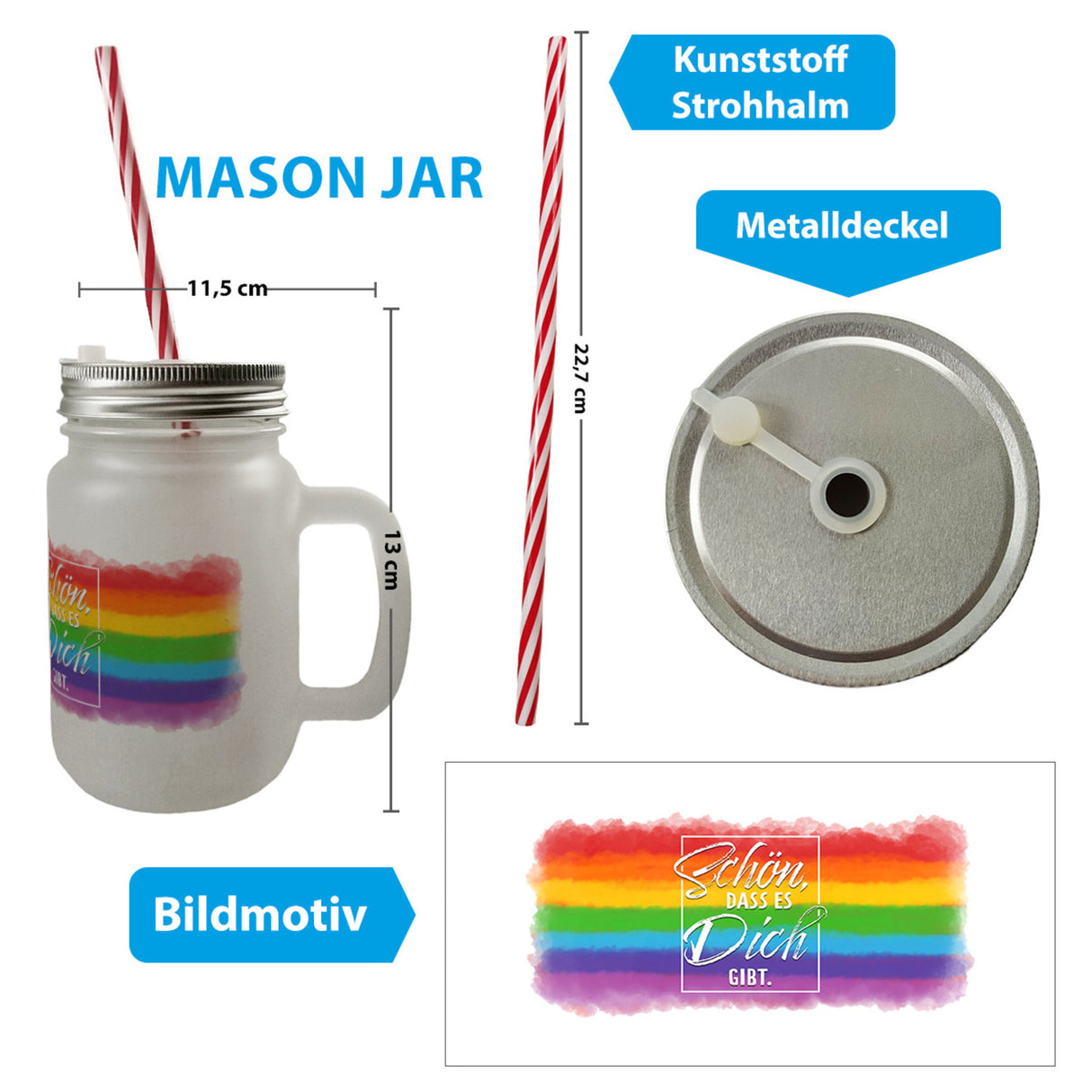 Schön, dass es Dich gibt Trinkglas mit Bambusdeckel mit Regenbogen