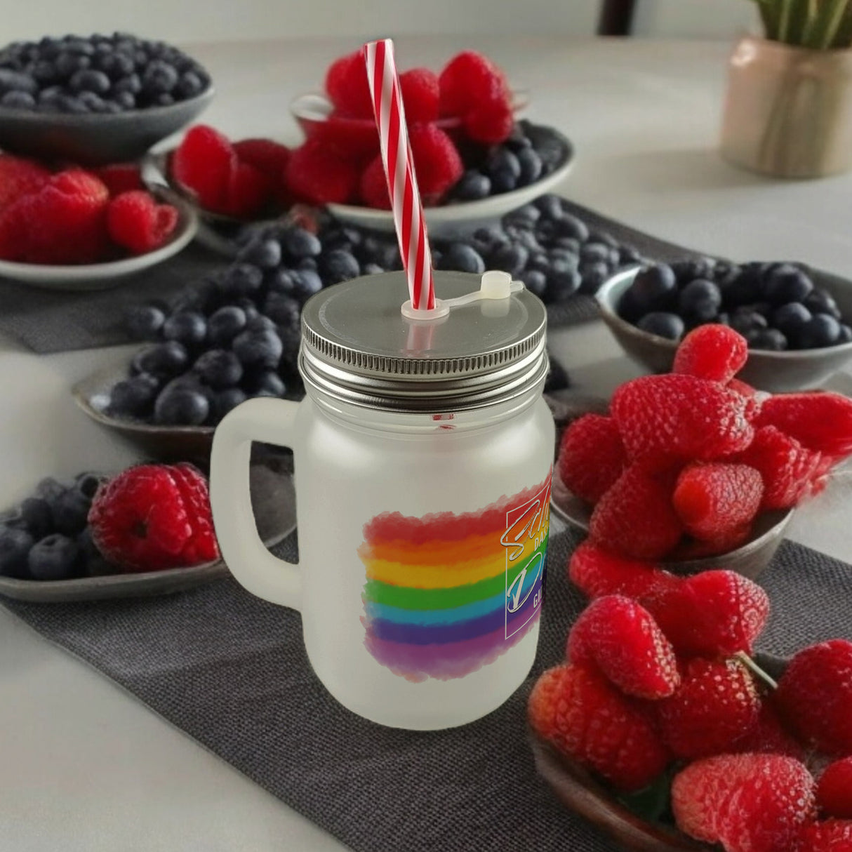 Schön, dass es Dich gibt Trinkglas mit Bambusdeckel mit Regenbogen