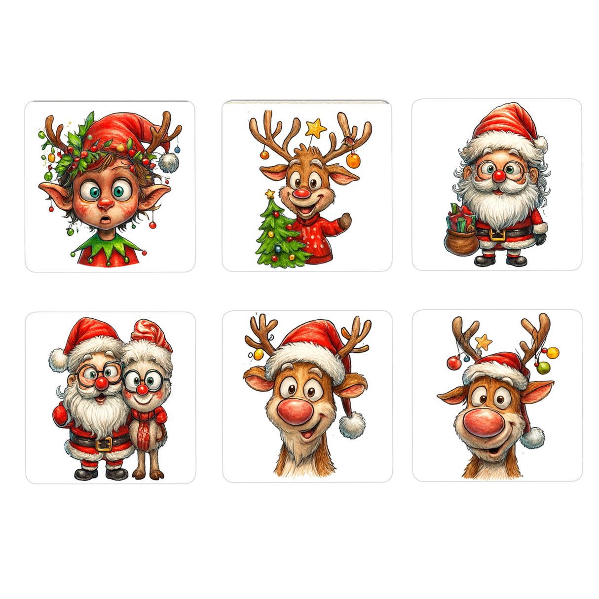 Cartoon Weihnachtsfiguren 6er Set Untersetzer aus Holz Rentier