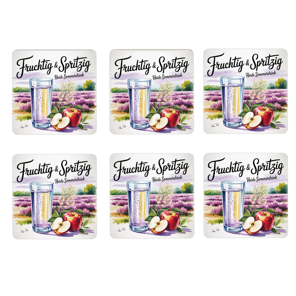 Lüneburger Heide Sommerdrink 6er Set Untersetzer aus Holz - Fruchtig & Spritzig