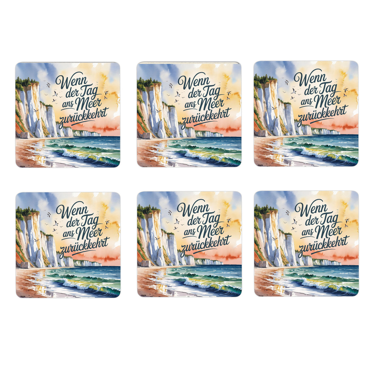Ostsee Steilküste Rügen 6er Set Untersetzer aus Holz - Tag ans Meer zurückkehrt