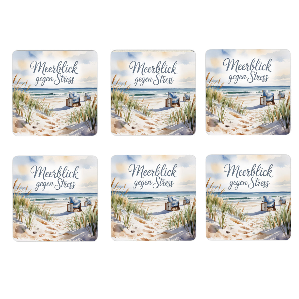Ostsee Strandkorb 6er Set Untersetzer aus Holz - Meerblick gegen Stress