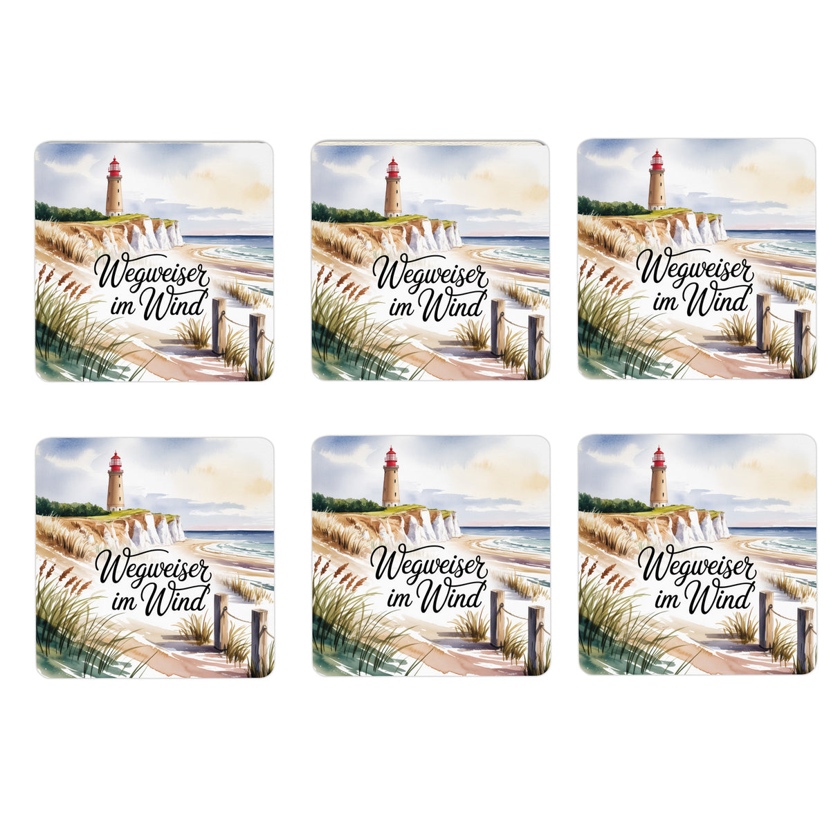 Ostsee Kap Arkona Leuchtturm 6er Set Untersetzer aus Holz - Wegweiser im Wind