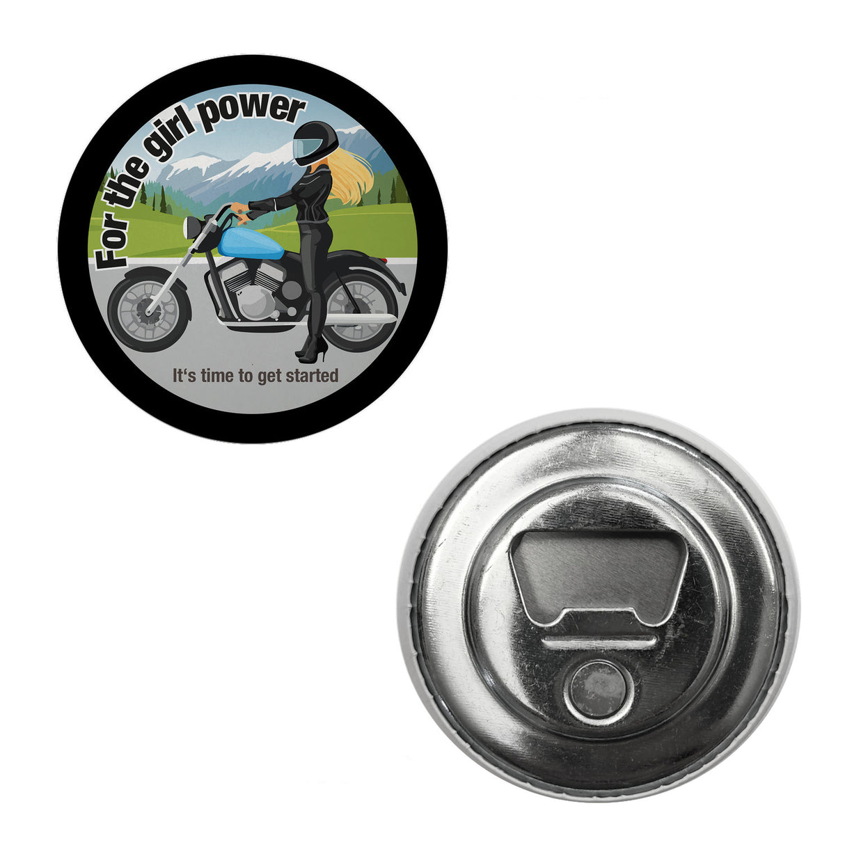 Bikerin Magnet rund mit Spruch: Time to unleash girl power.