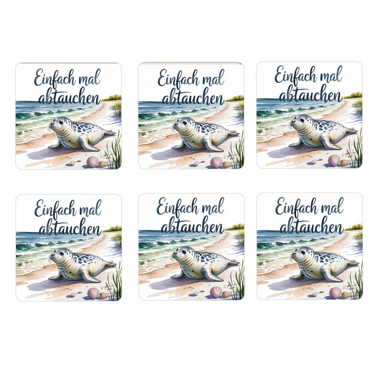 Ostsee Robbe am Strand 6er Set Untersetzer aus Holz - Einfach mal abtauchen