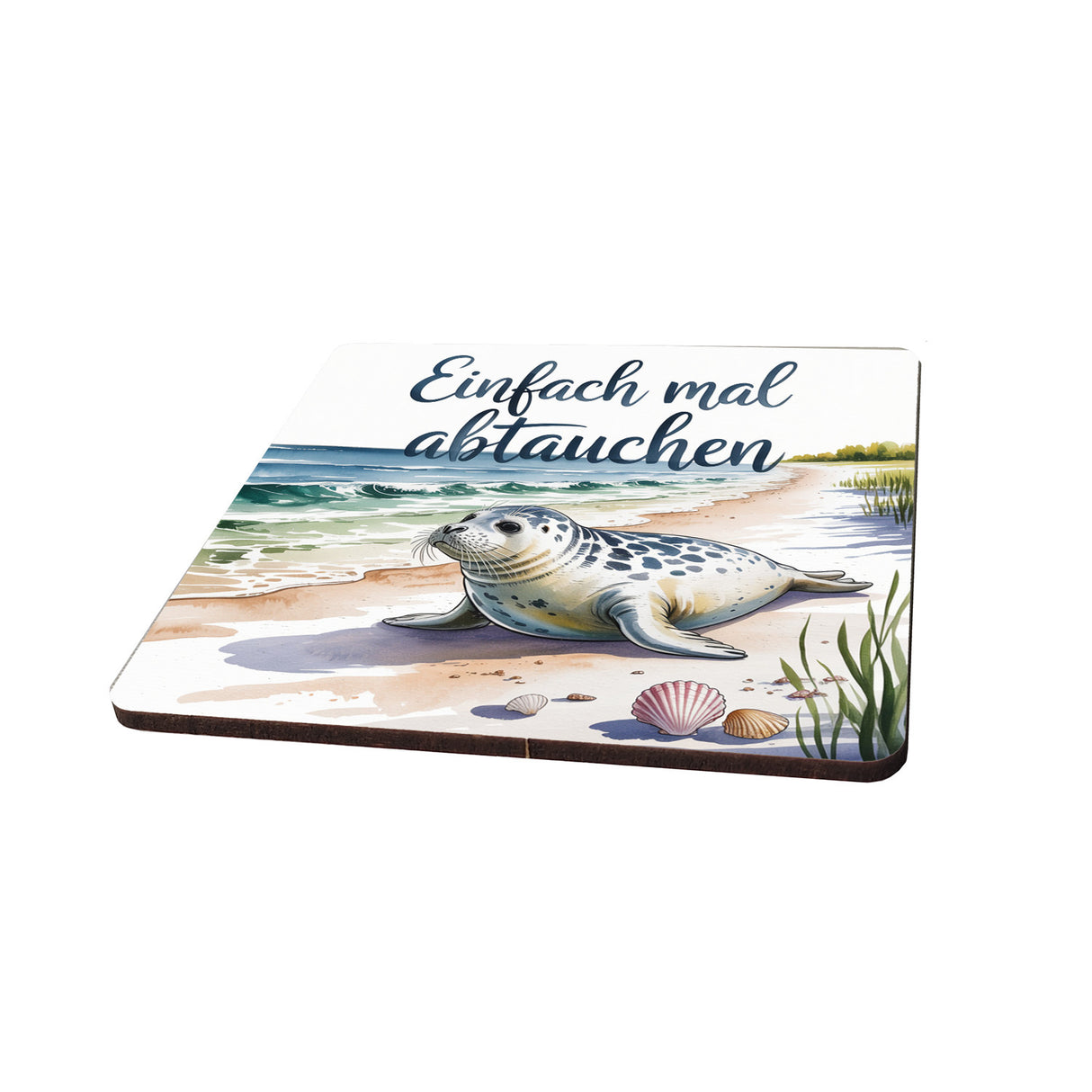 Ostsee Robbe am Strand 6er Set Untersetzer aus Holz - Einfach mal abtauchen