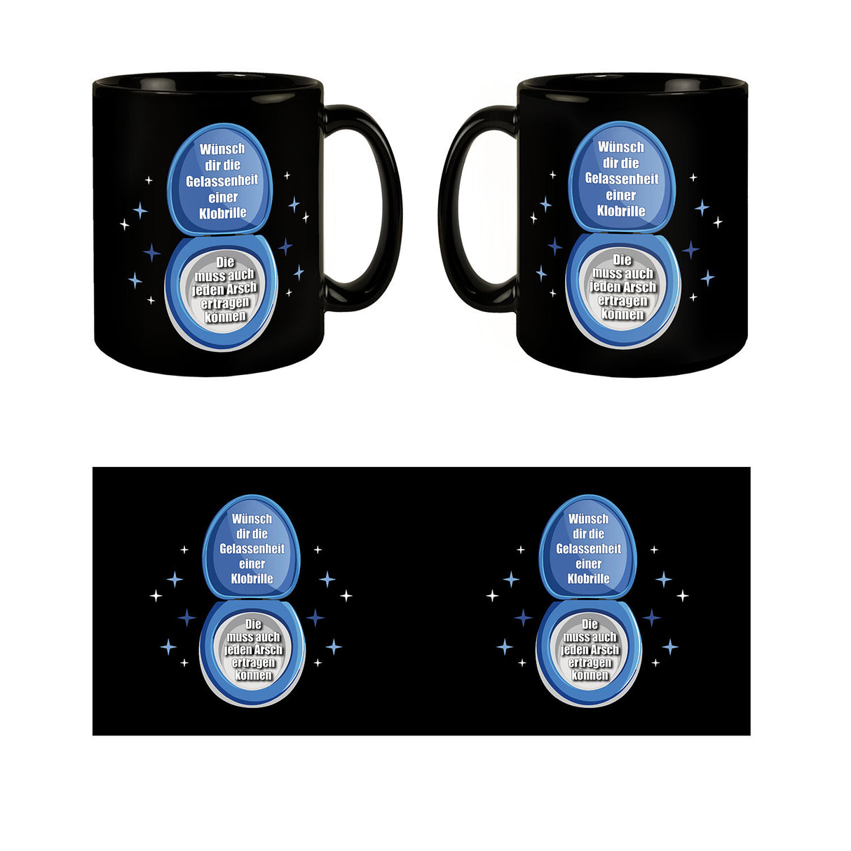 Klobrille Tasse in Schwarz mit Spruch: Gelassenheit wie eine Klobrille haben