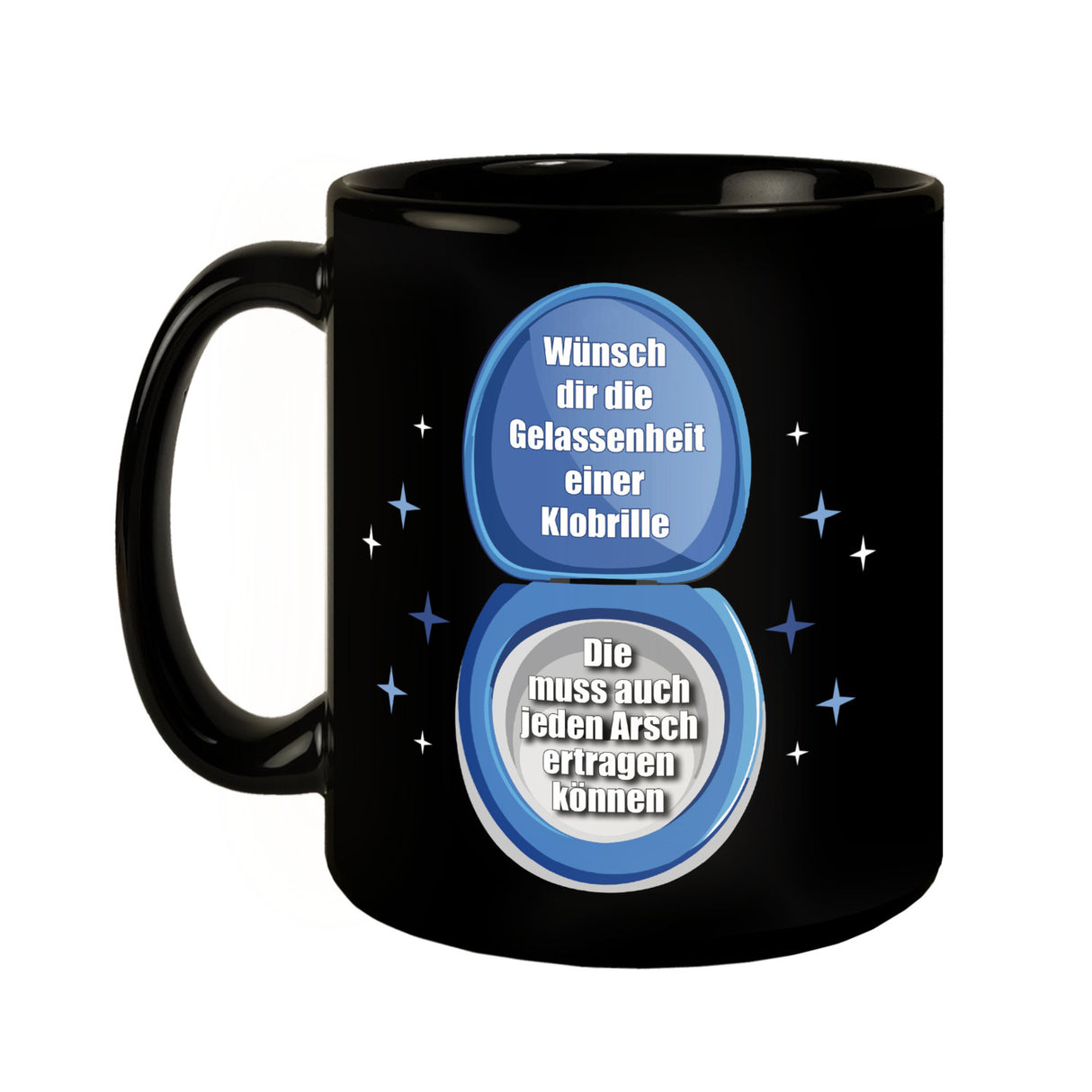 Klobrille Tasse in Schwarz mit Spruch: Gelassenheit wie eine Klobrille haben