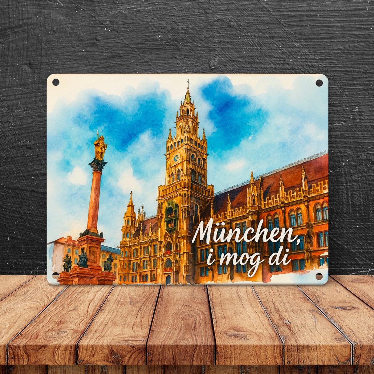 München Aquarellgemälde Metallschild in 15x20 cm i mog di