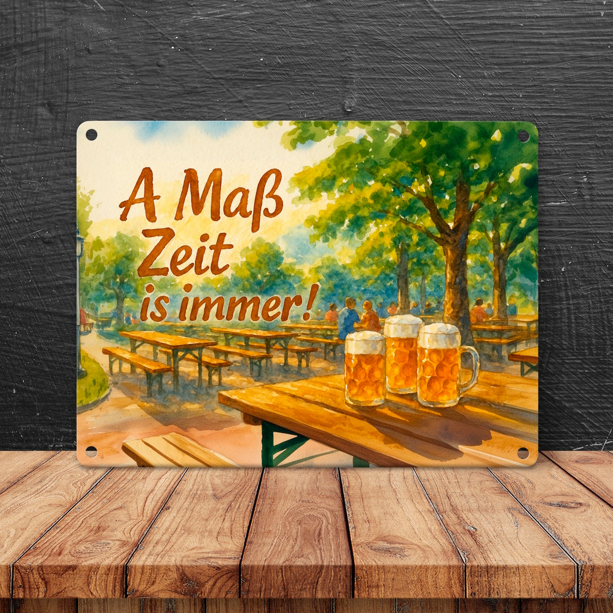 A Maß Zeit is immer! Biergarten Szene Metallschild in 15x20 cm