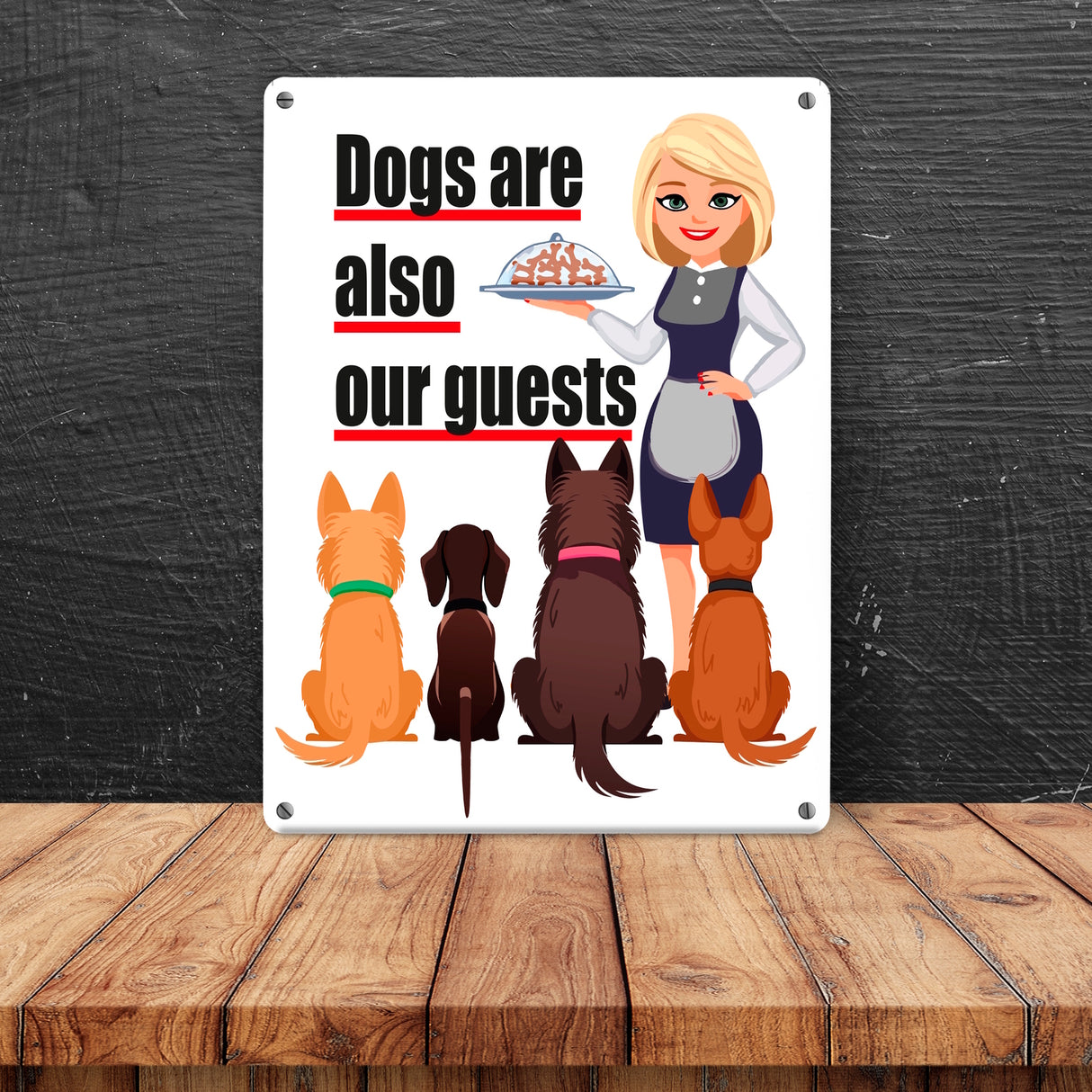 Hunde im Restaurant Metallschild in 15x20 cm mit Spruch: Dogs are also our guests
