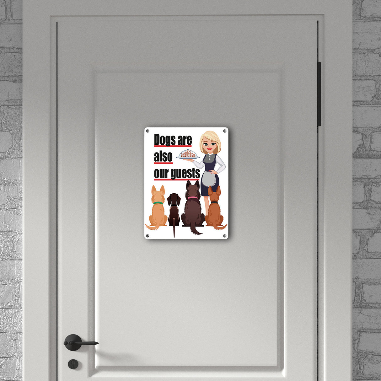 Hunde im Restaurant Metallschild in 15x20 cm mit Spruch: Dogs are also our guests