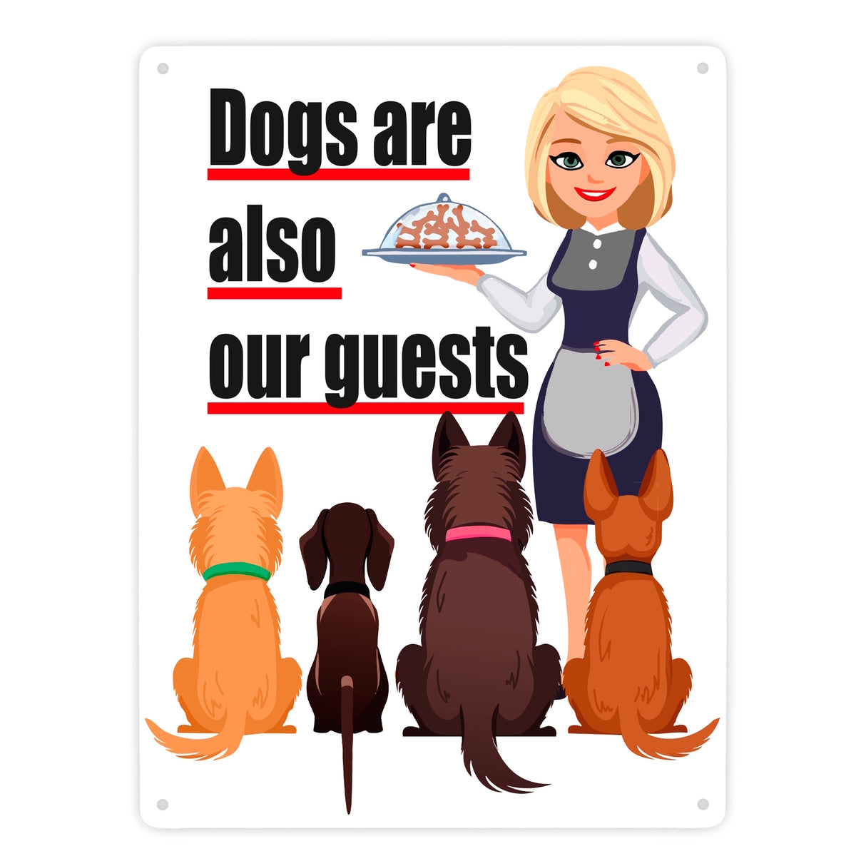 Hunde im Restaurant Metallschild in 15x20 cm mit Spruch: Dogs are also our guests
