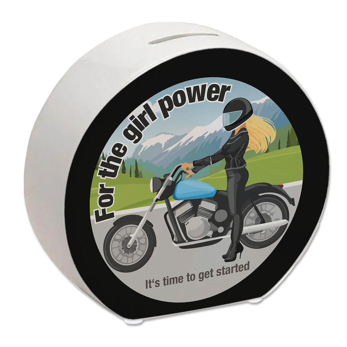 Bikerin Spardose mit Spruch: Time to unleash girl power