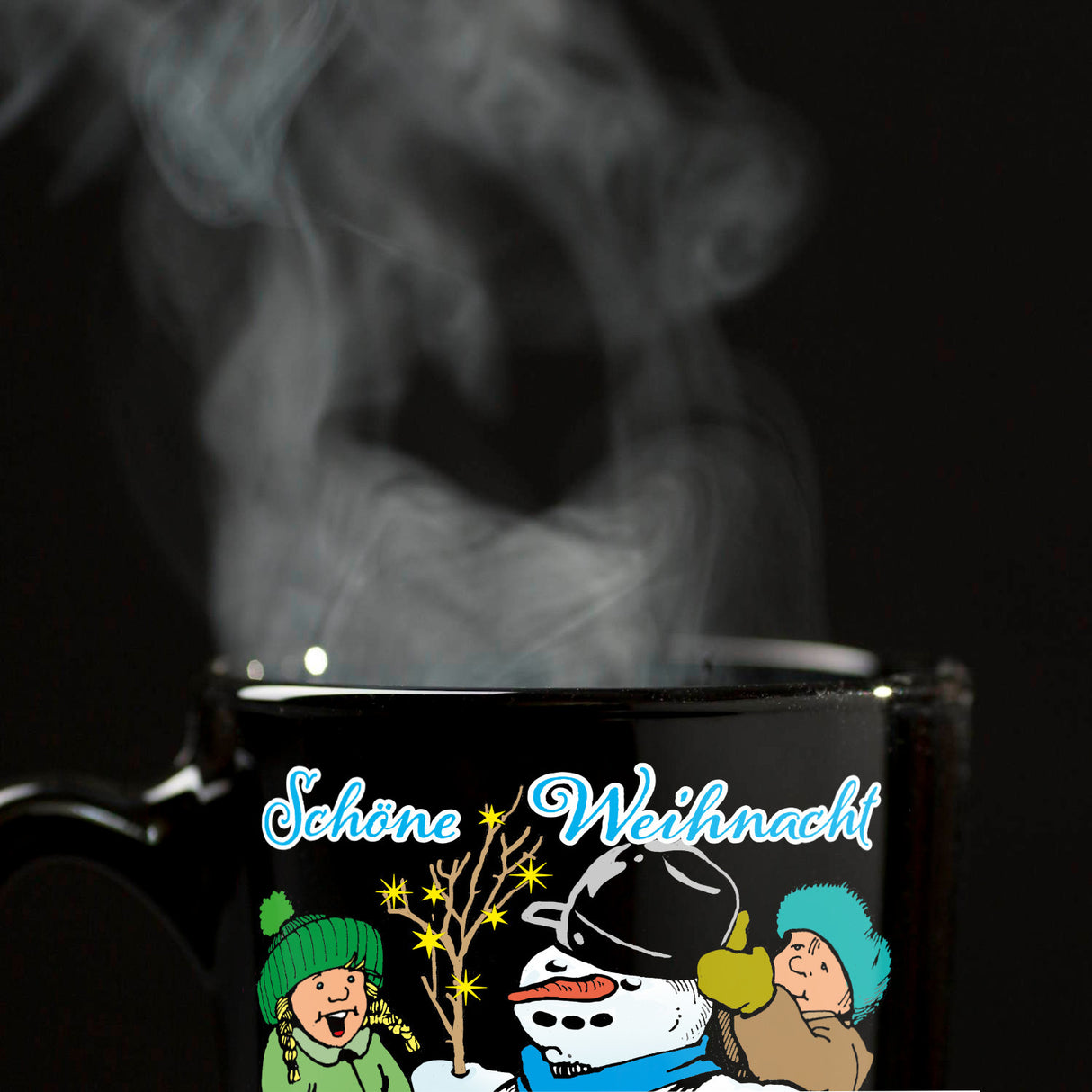 Schneemann Tasse in Schwarz mit Spruch: Schöne Weihnacht