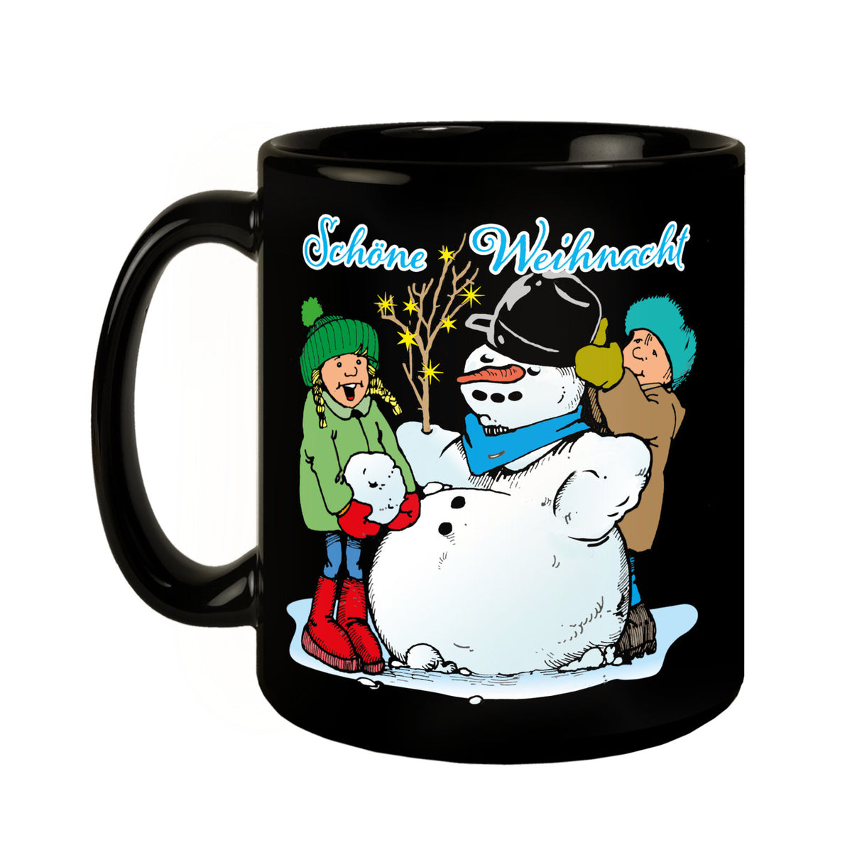 Schneemann Tasse in Schwarz mit Spruch: Schöne Weihnacht