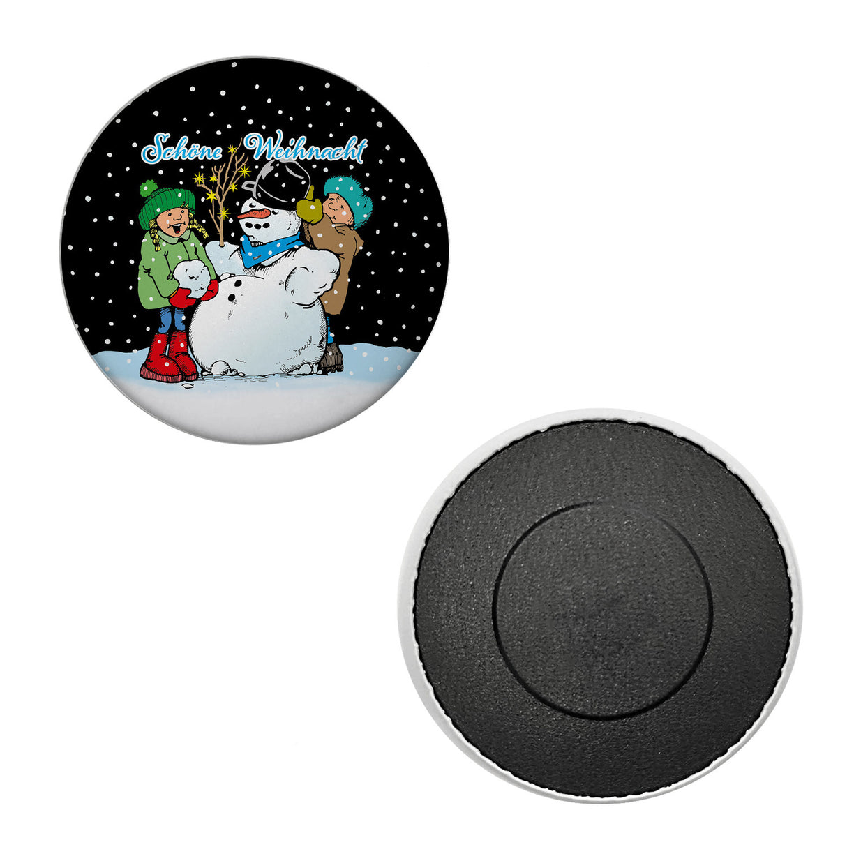 Schneemann Magnet rund mit Spruch: Frohe Weihnacht