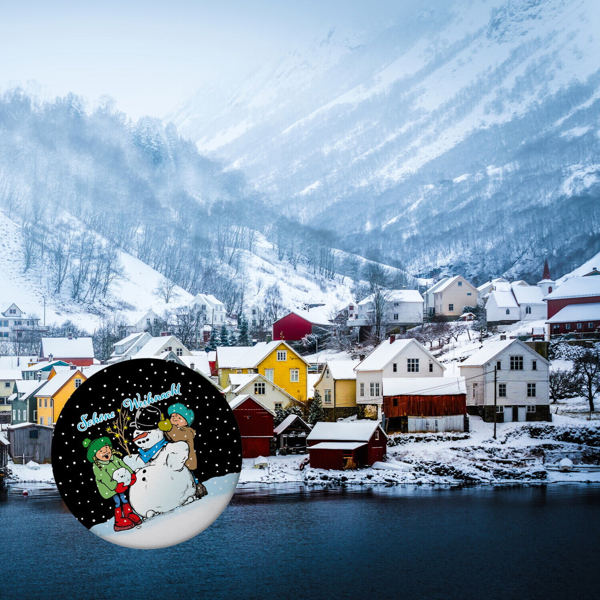 Schneemann Magnet rund mit Spruch: Frohe Weihnacht
