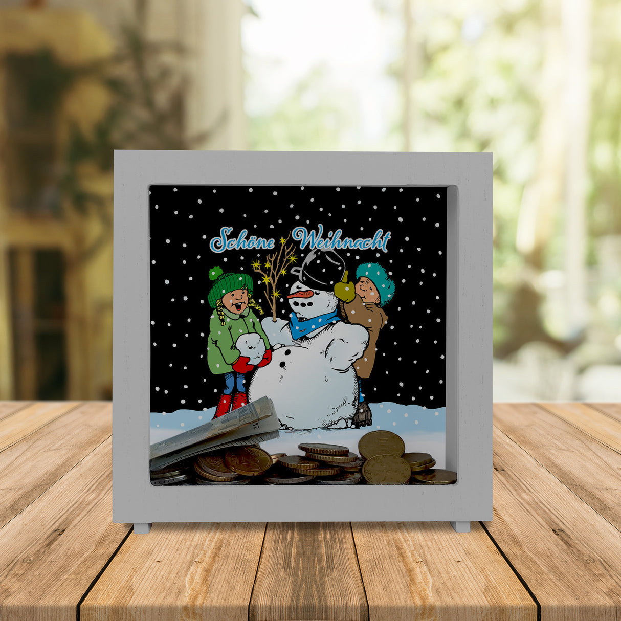 Schneemann Spardose mit Spruch: Frohe Weihnacht