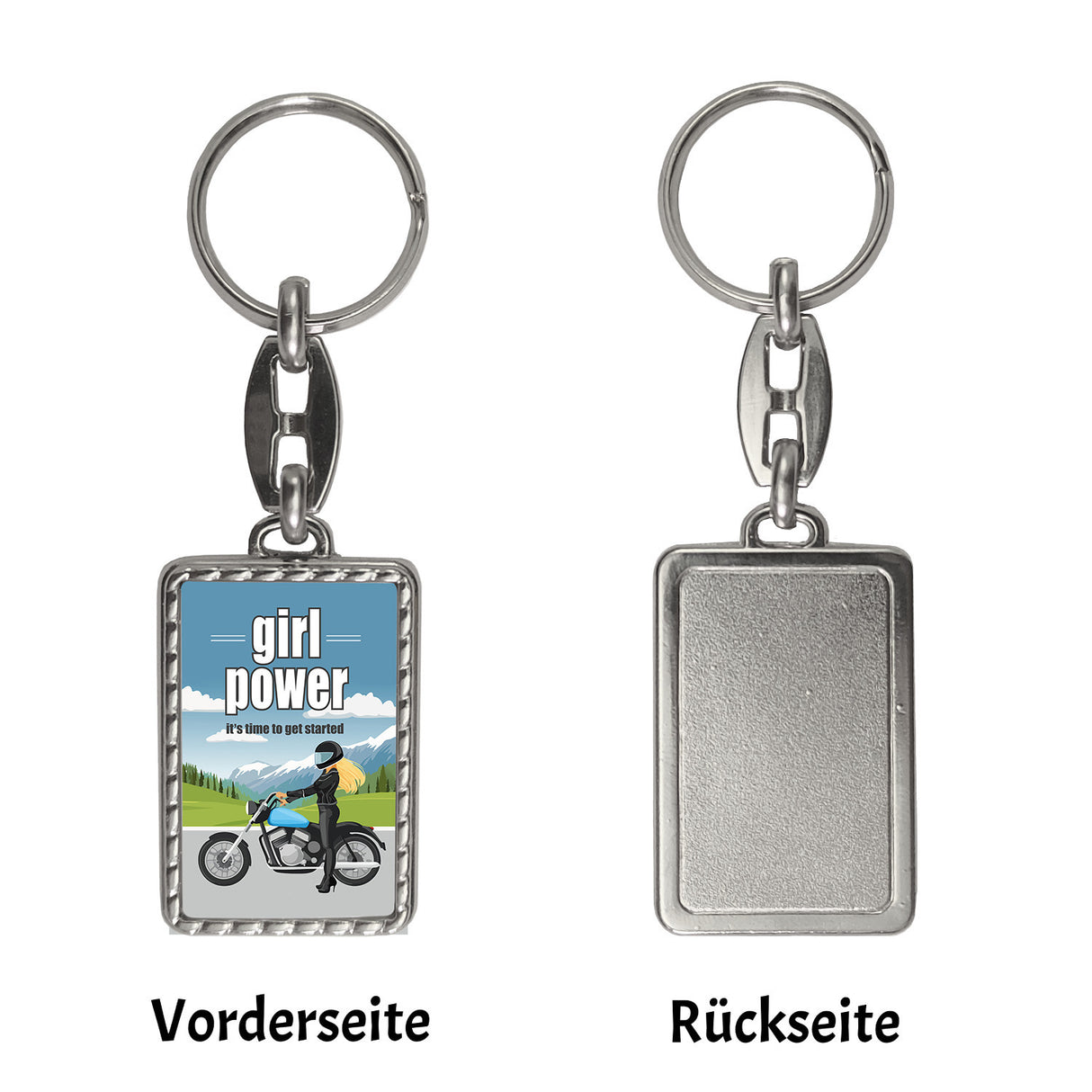 Bikerin Schlüsselanhänger mit Spruch: girl power. Its time to get started