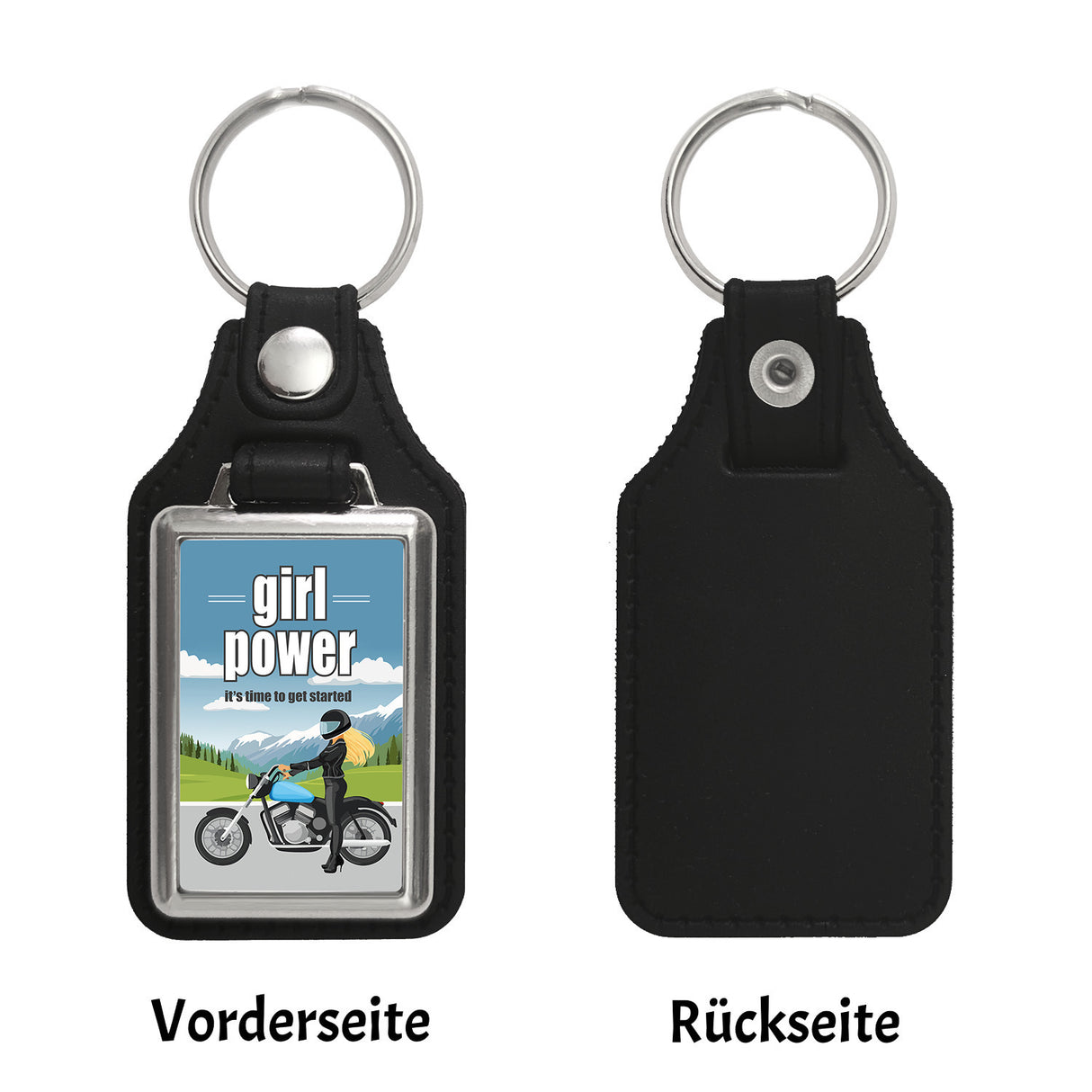Bikerin Schlüsselanhänger mit Spruch: girl power. Its time to get started
