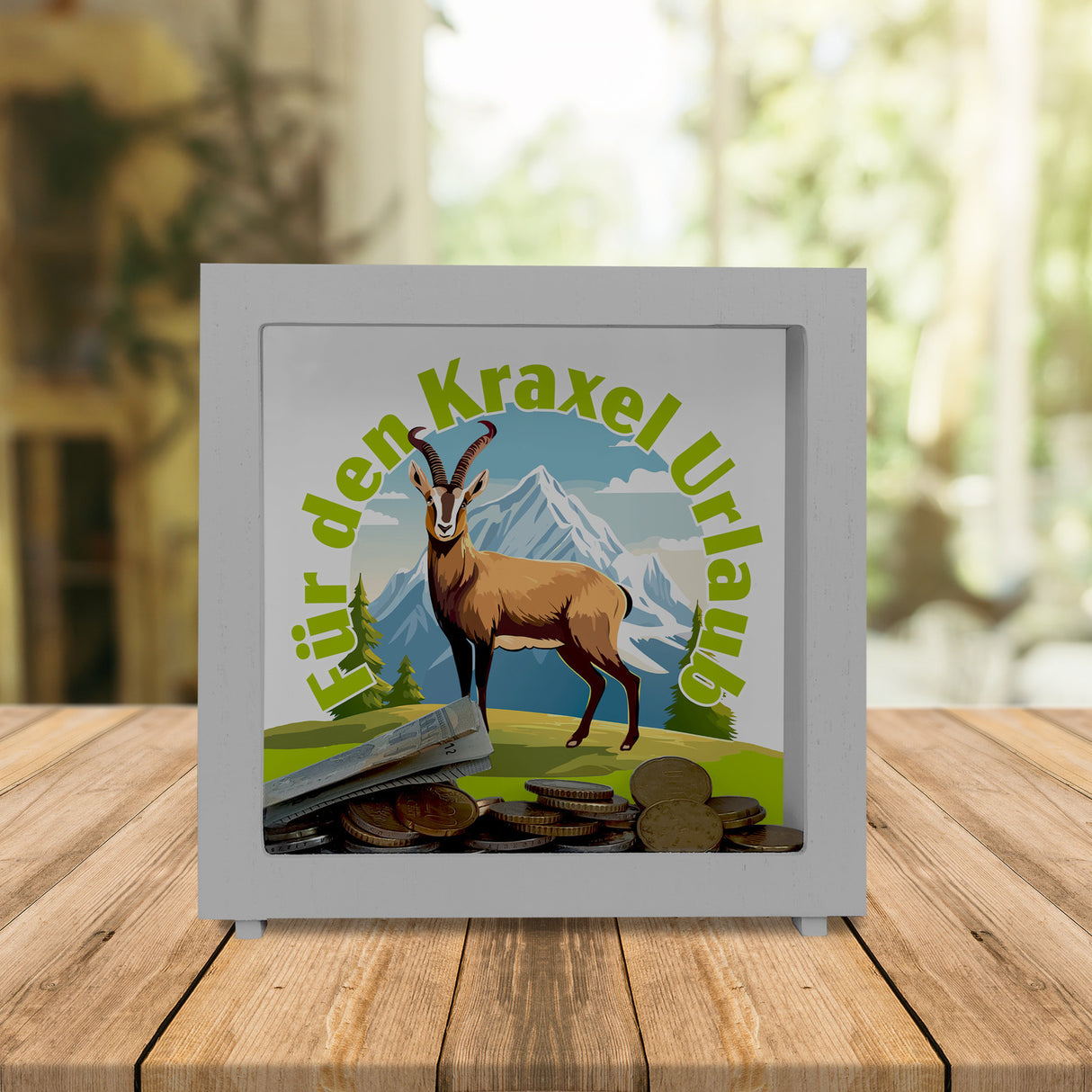 Steinbock Spardose mit Spruch: Für den Kraxel Urlaub