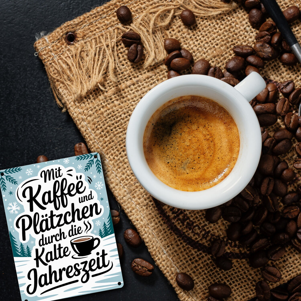 Winterliches Kaffee und Plätzchen Metallschild in 15x20 cm