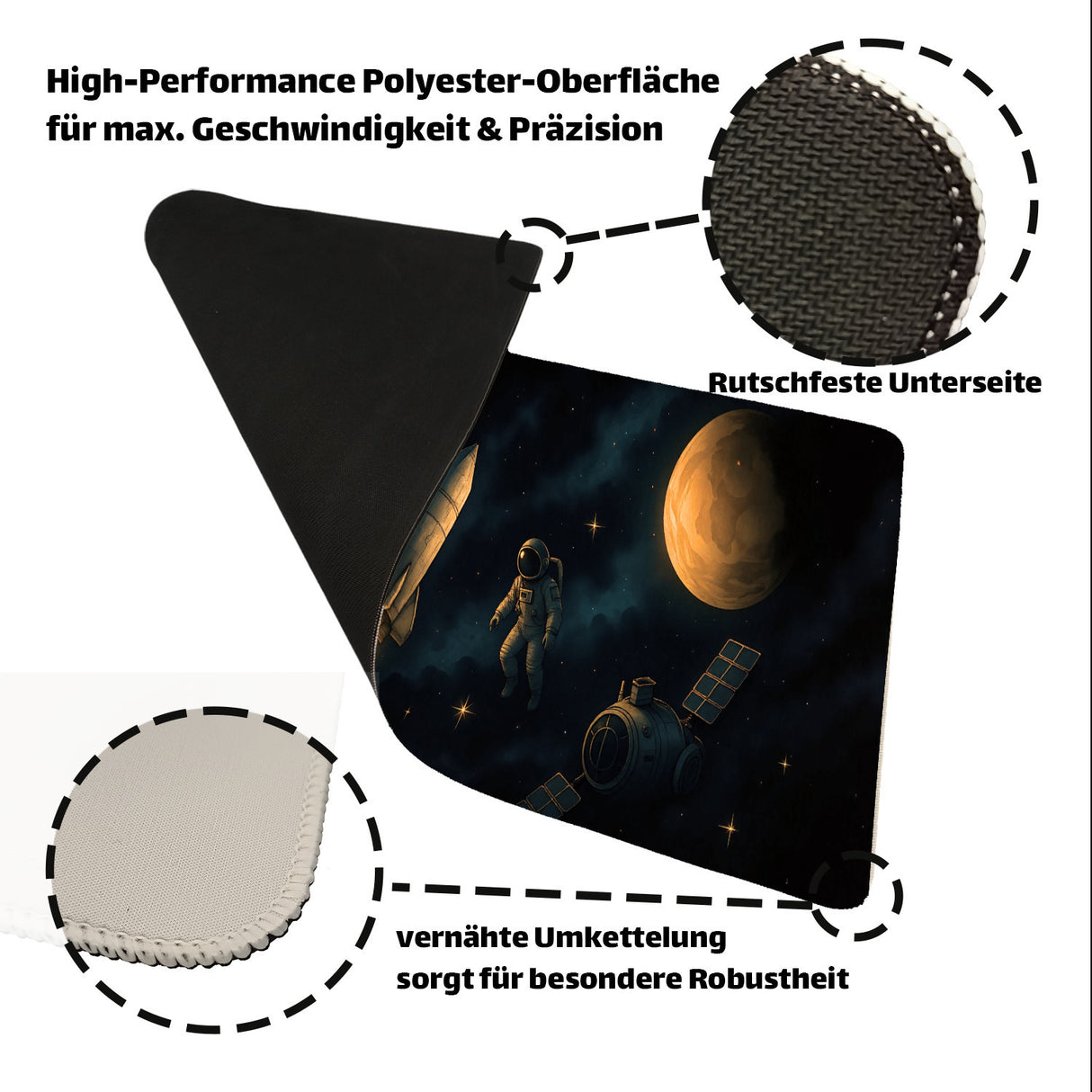 Astronaut und Raumschiff Schreibtischunterlage 69x31cm XXL Mauspad Weltraumszene