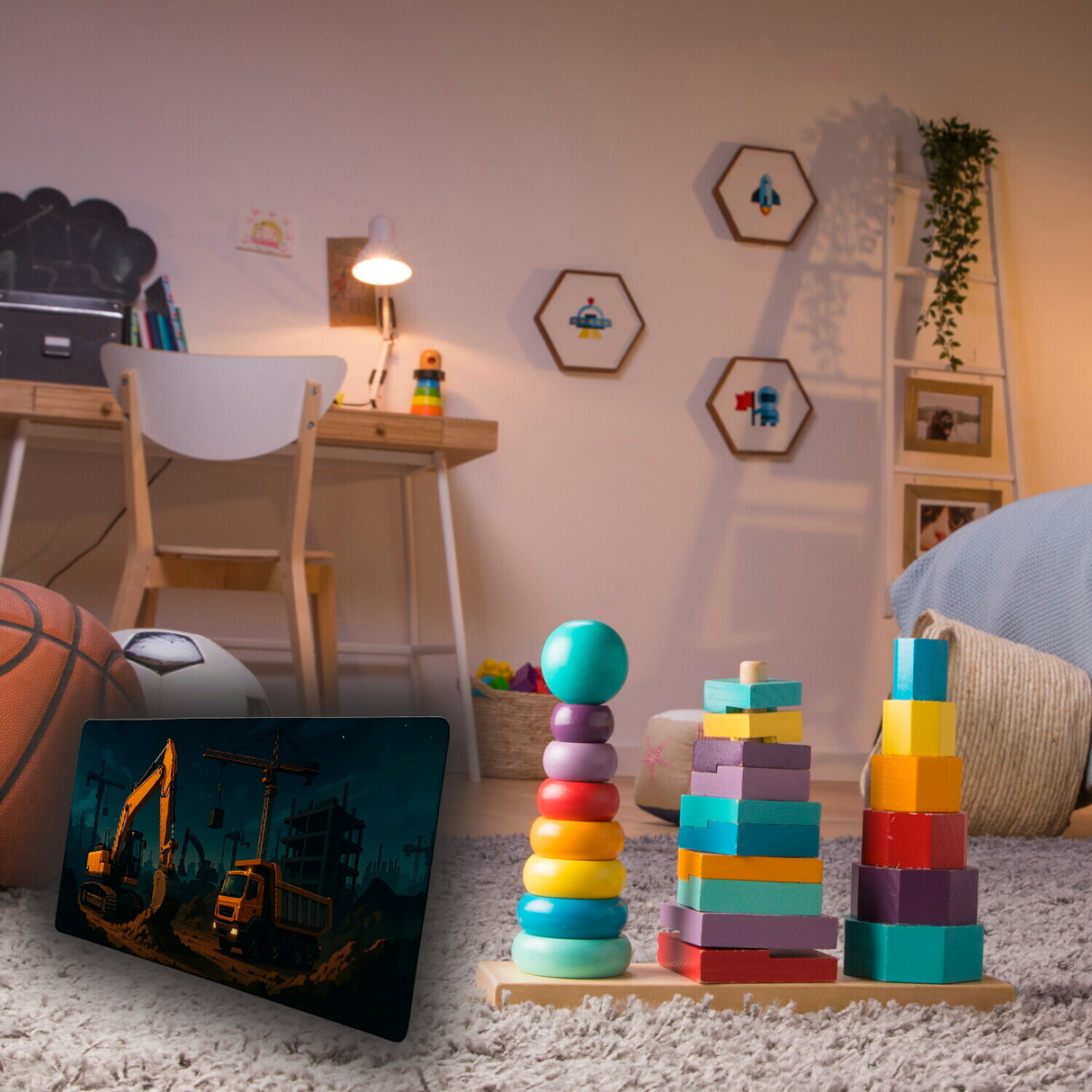 Baukran und Bagger Schreibtischunterlage 69x31cm XXL Mauspad für Baustellenfans