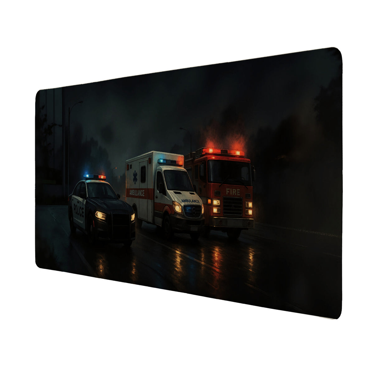 Nachtszene Einsatzfahrzeuge Police Ambulance Fire Schreibtischunterlage 69x31cm XXL Mauspad