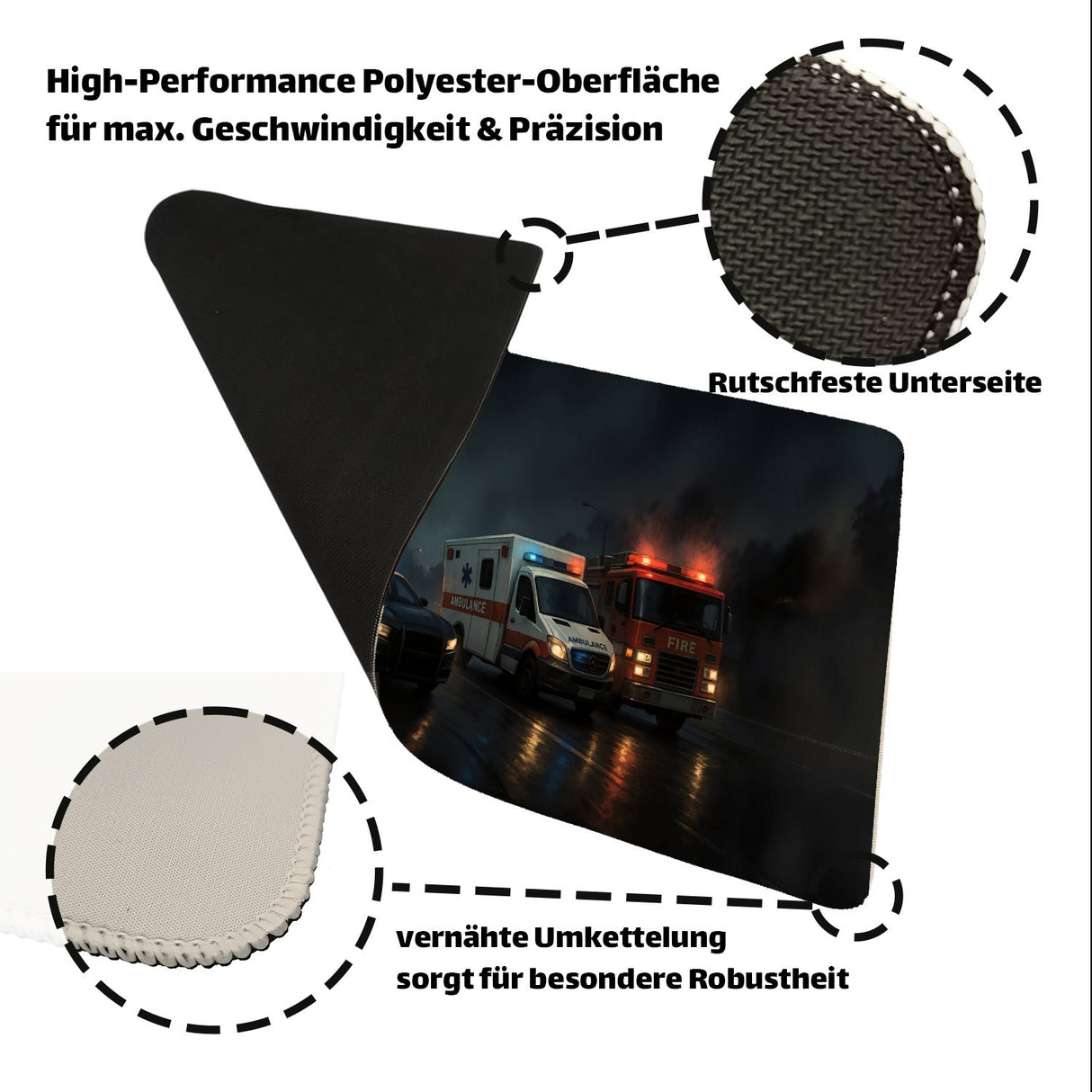 Nachtszene Einsatzfahrzeuge Police Ambulance Fire Schreibtischunterlage 69x31cm XXL Mauspad