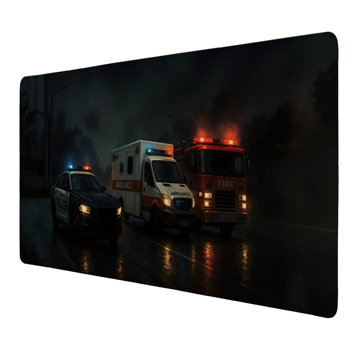 Nachtszene Einsatzfahrzeuge Police Ambulance Fire Schreibtischunterlage 69x31cm XXL Mauspad