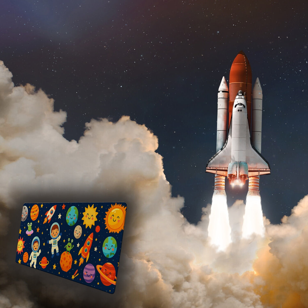 Weltraum Cartoon Astronauten Schreibtischunterlage 69x31cm XXL Mauspad für Kinder
